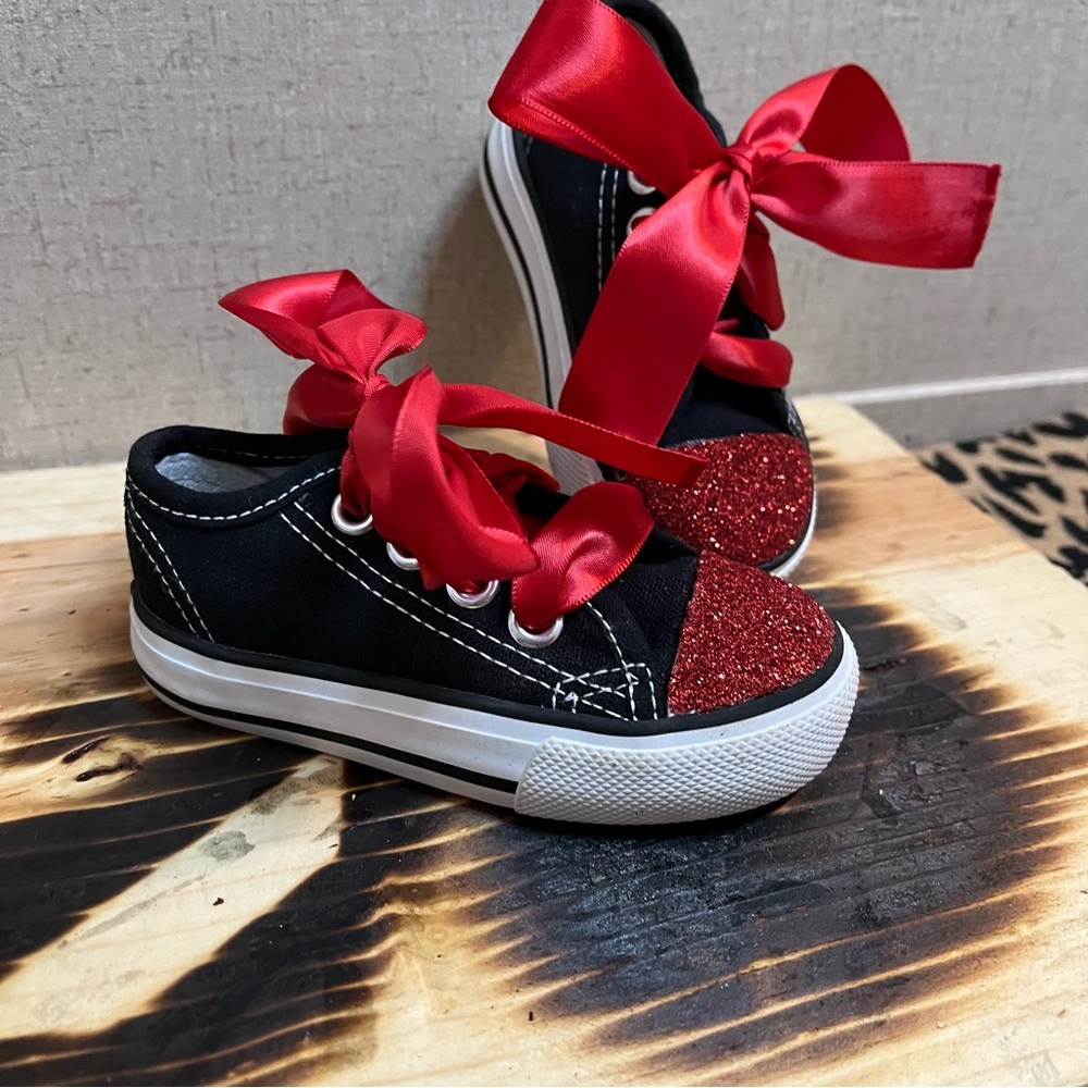 Handmade Custom Toddler Girl Black and Red Glitter Sneakers